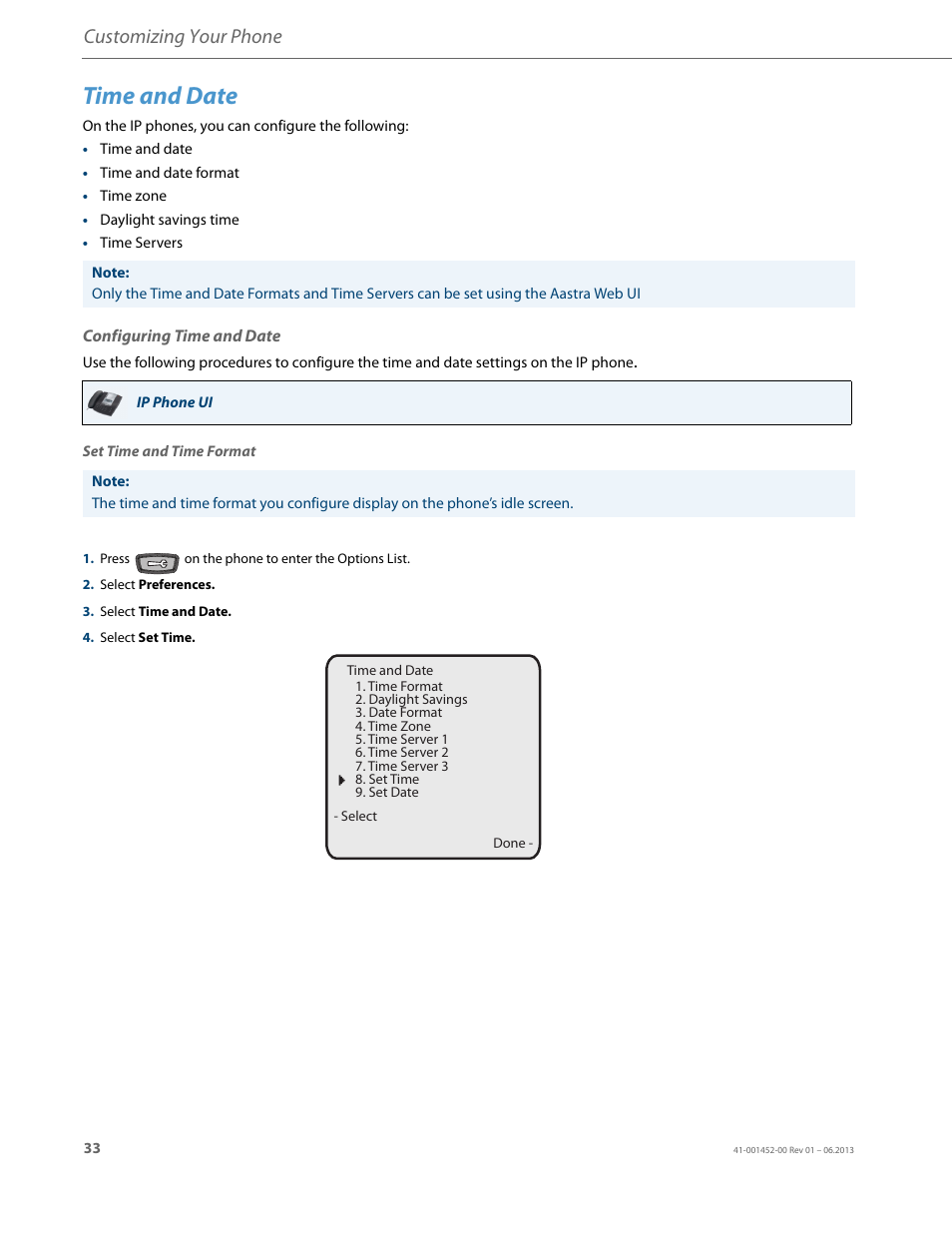Time and date, Configuring time and date, Customizing your phone | AASTRA 6737i User Guide EN User Manual | Page 40 / 214