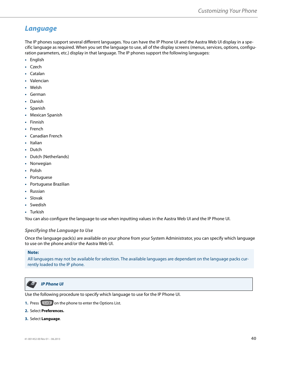 Specifying the language to use, Language, Customizing your phone | AASTRA 6737i User Guide EN User Manual | Page 47 / 214