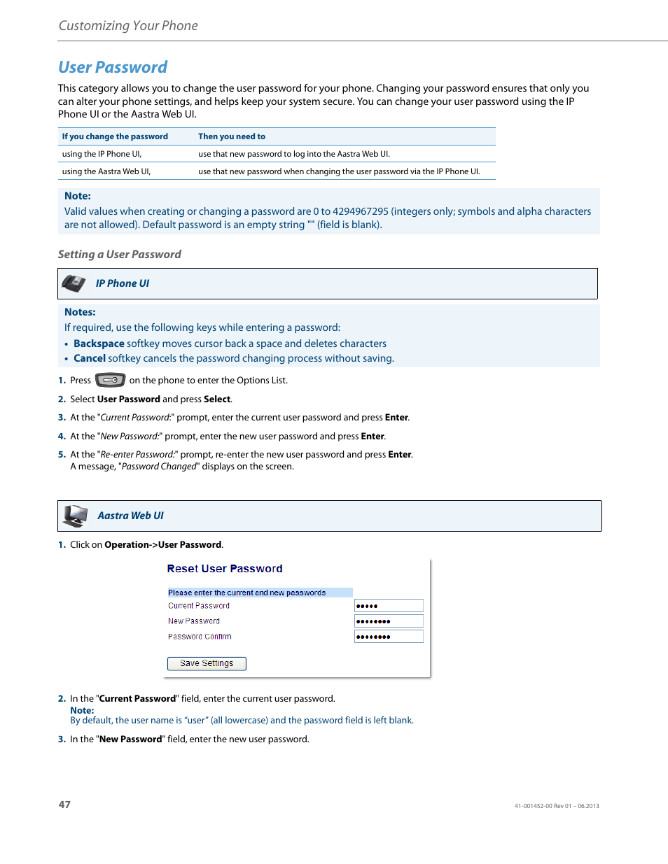 User password, Setting a user password, Customizing your phone | AASTRA 6737i User Guide EN User Manual | Page 54 / 214