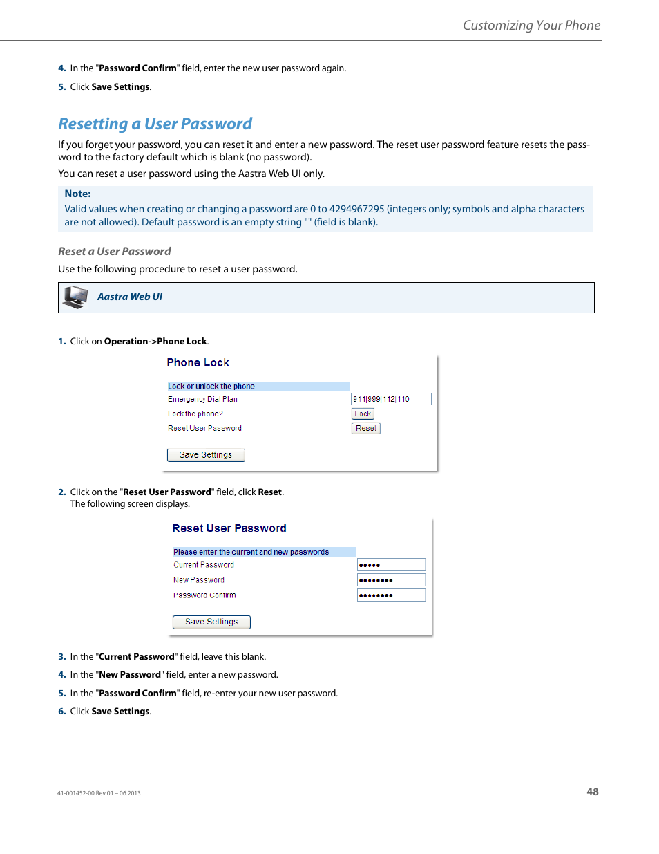 Resetting a user password, Reset a user password, Customizing your phone | AASTRA 6737i User Guide EN User Manual | Page 55 / 214