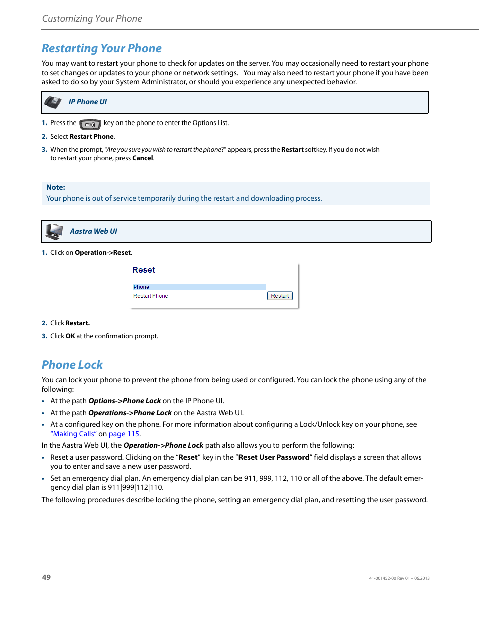 Restarting your phone, Phone lock, Customizing your phone | AASTRA 6737i User Guide EN User Manual | Page 56 / 214