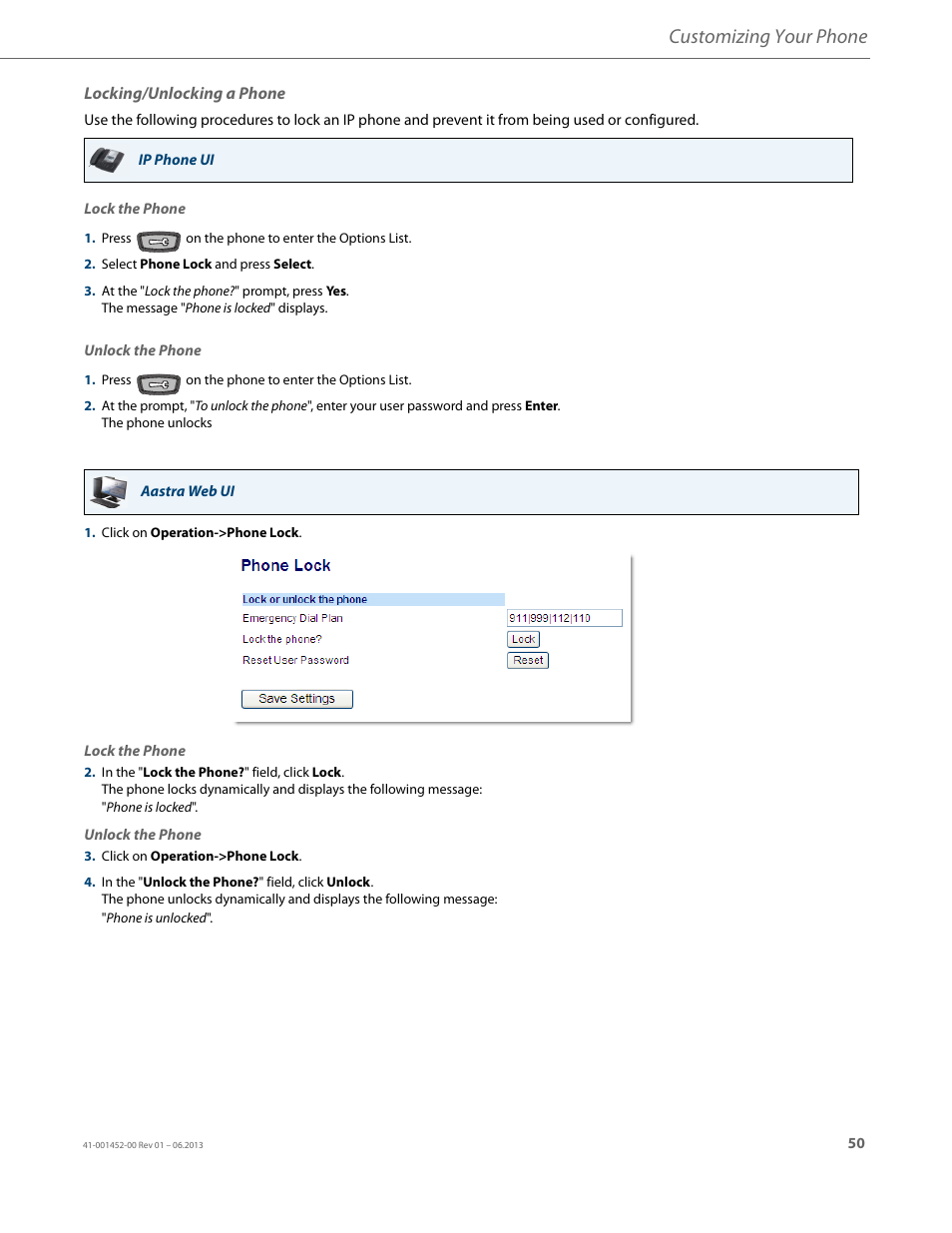 Locking/unlocking a phone, Customizing your phone | AASTRA 6737i User Guide EN User Manual | Page 57 / 214