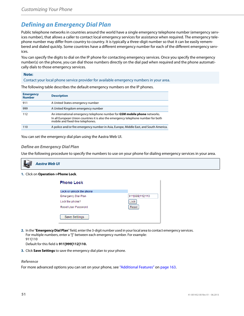 Defining an emergency dial plan, Define an emergency dial plan, Customizing your phone | AASTRA 6737i User Guide EN User Manual | Page 58 / 214