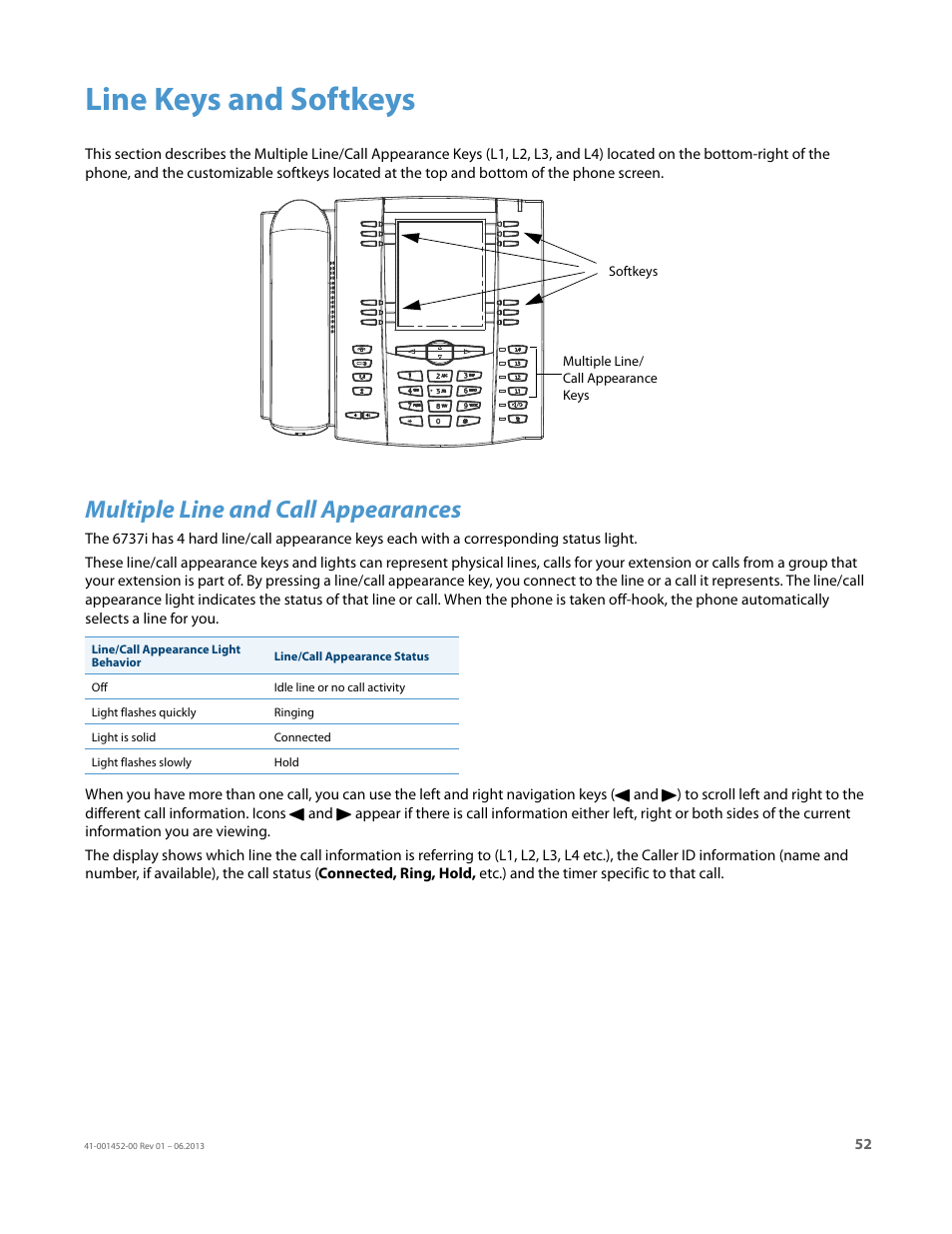 Line keys and softkeys, Multiple line and call appearances | AASTRA 6737i User Guide EN User Manual | Page 59 / 214