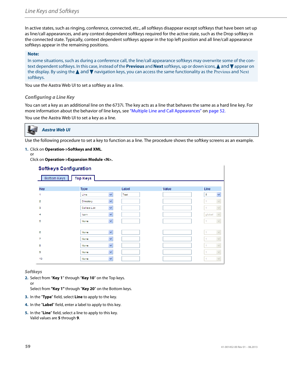 Configuring a line key, Line keys and softkeys | AASTRA 6737i User Guide EN User Manual | Page 66 / 214