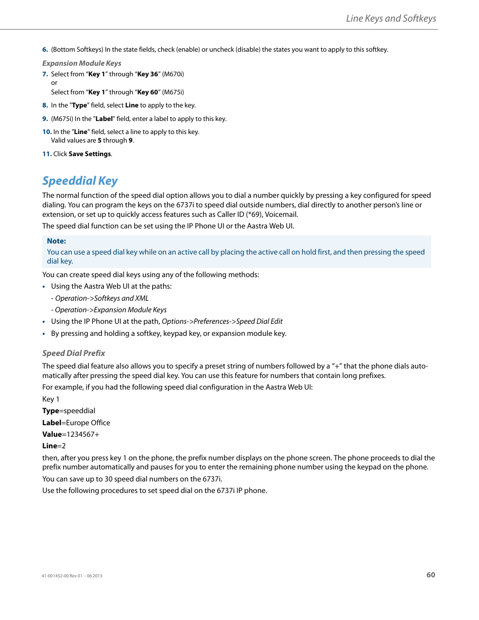 Speeddial key, Speed dial prefix, Line keys and softkeys | AASTRA 6737i User Guide EN User Manual | Page 67 / 214