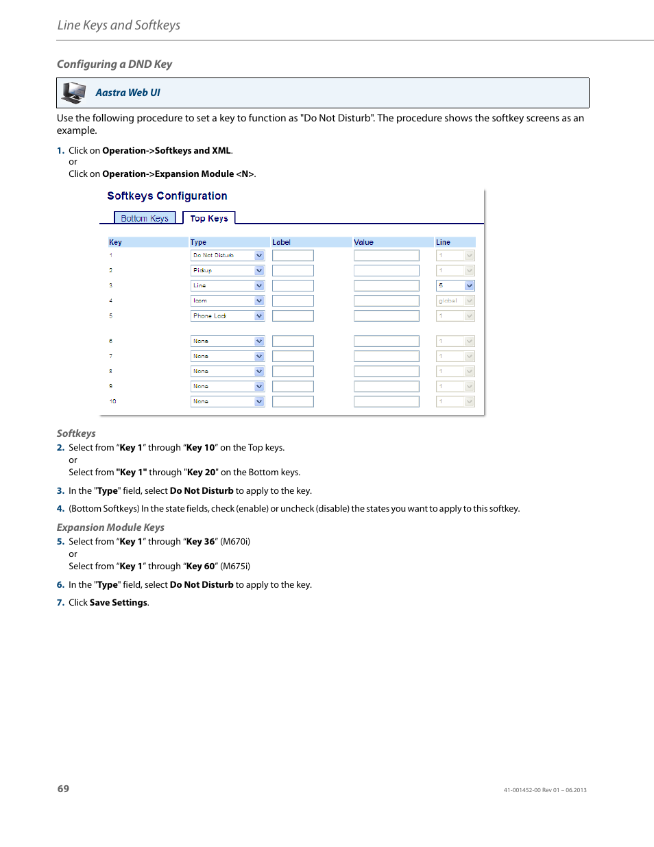 Configuring a dnd key, Line keys and softkeys | AASTRA 6737i User Guide EN User Manual | Page 76 / 214