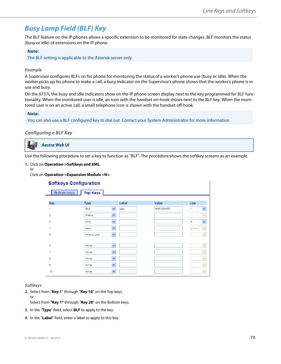 Busy lamp field (blf) key, Configuring a blf key, Line keys and softkeys | AASTRA 6737i User Guide EN User Manual | Page 77 / 214