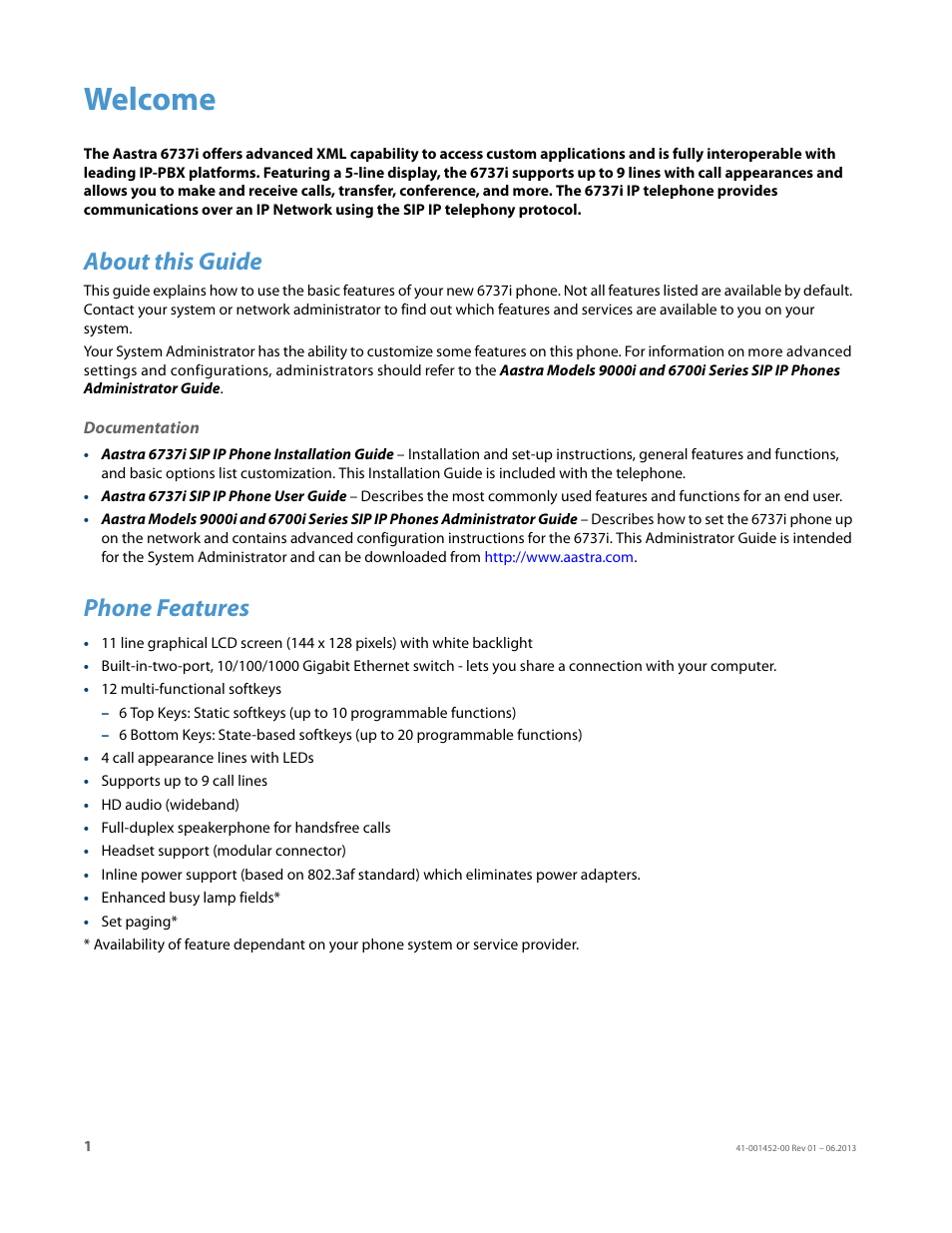 Welcome, About this guide, Documentation | Phone features | AASTRA 6737i User Guide EN User Manual | Page 8 / 214