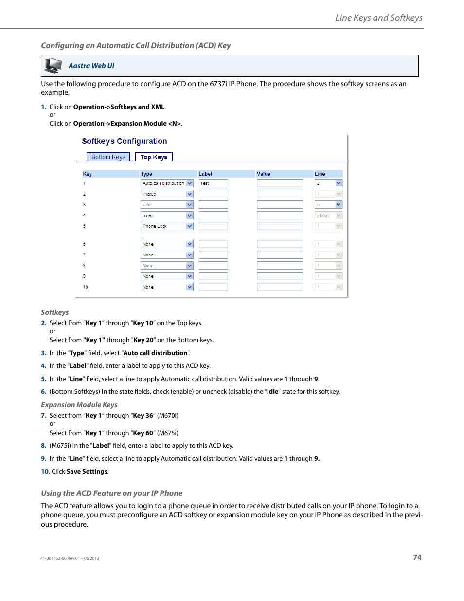 Using the acd feature on your ip phone, Line keys and softkeys | AASTRA 6737i User Guide EN User Manual | Page 81 / 214