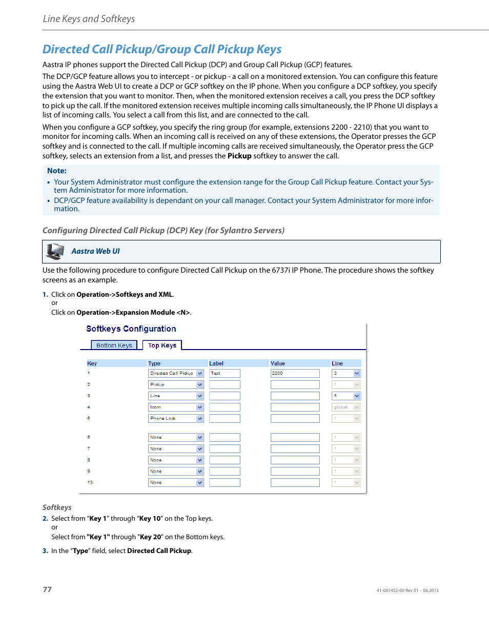 Directed call pickup/group call pickup keys, Line keys and softkeys | AASTRA 6737i User Guide EN User Manual | Page 84 / 214