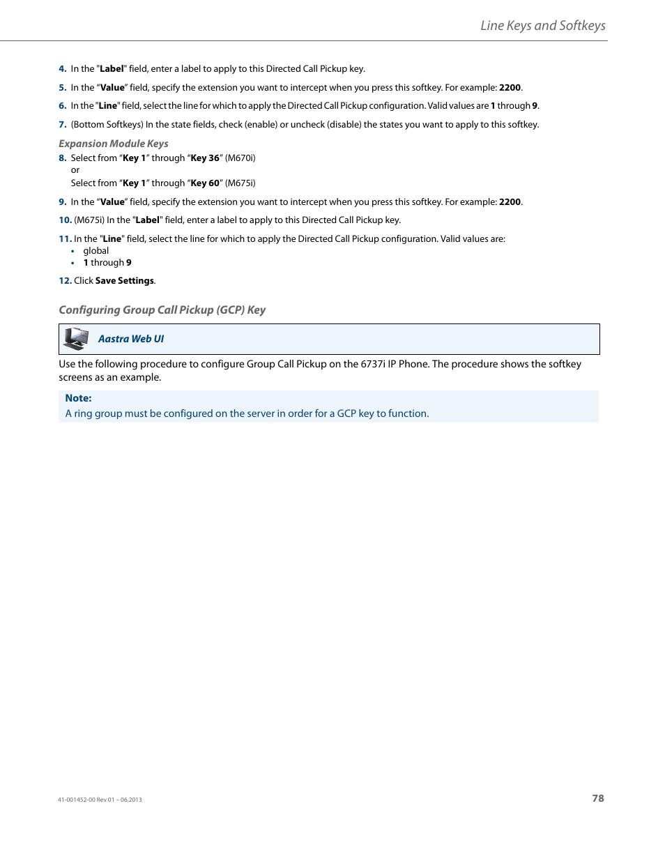 Configuring group call pickup (gcp) key, Line keys and softkeys | AASTRA 6737i User Guide EN User Manual | Page 85 / 214