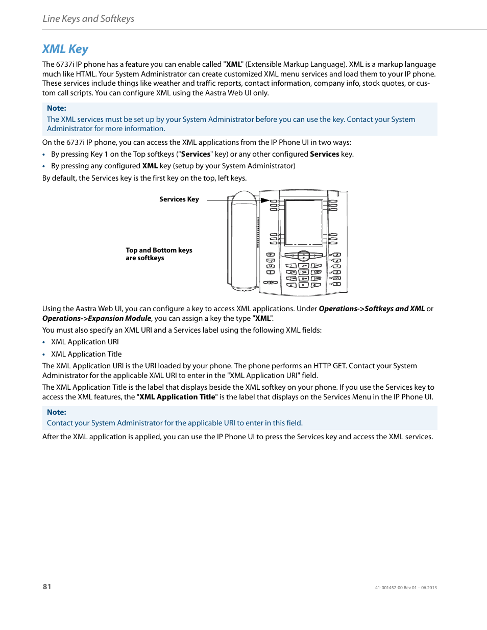 Xml key, Line keys and softkeys | AASTRA 6737i User Guide EN User Manual | Page 88 / 214