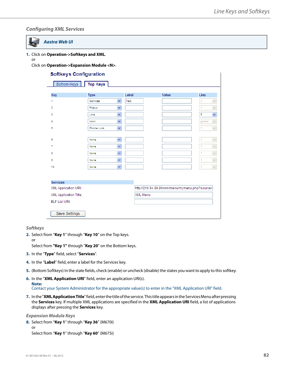 Configuring xml services, Line keys and softkeys | AASTRA 6737i User Guide EN User Manual | Page 89 / 214
