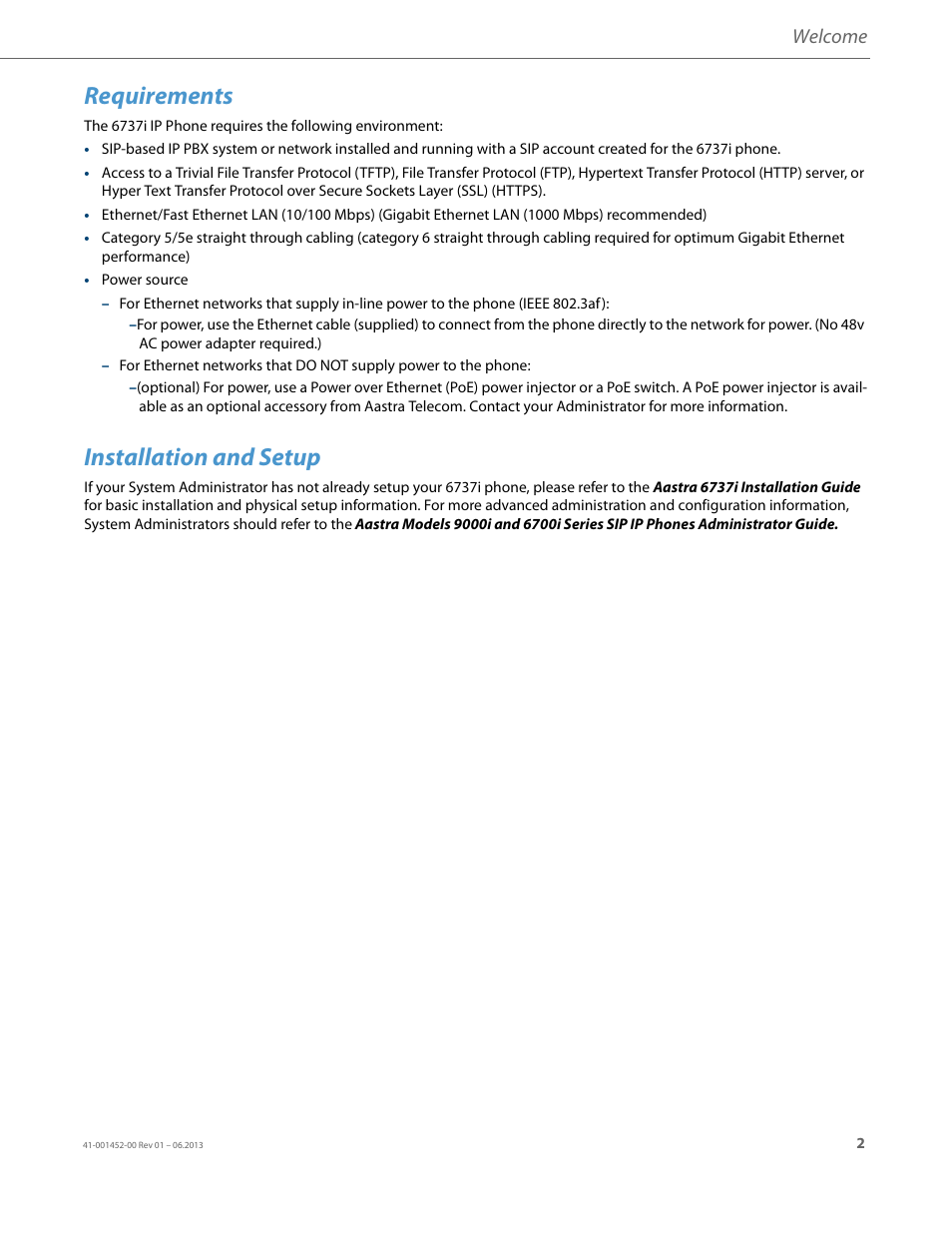Requirements, Installation and setup, Welcome | AASTRA 6737i User Guide EN User Manual | Page 9 / 214