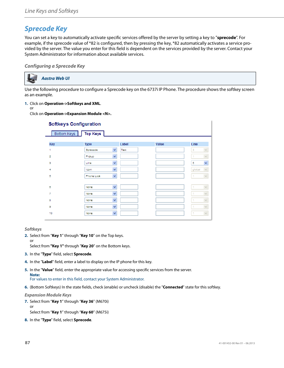 Sprecode key, Configuring a sprecode key, Line keys and softkeys | AASTRA 6737i User Guide EN User Manual | Page 94 / 214