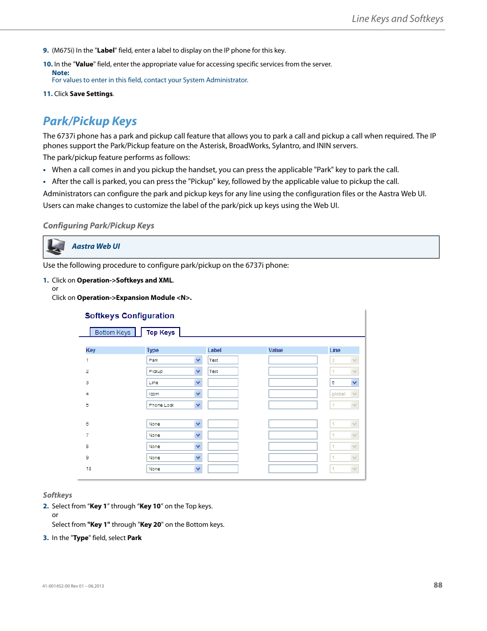 Park/pickup keys, Configuring park/pickup keys, Line keys and softkeys | AASTRA 6737i User Guide EN User Manual | Page 95 / 214