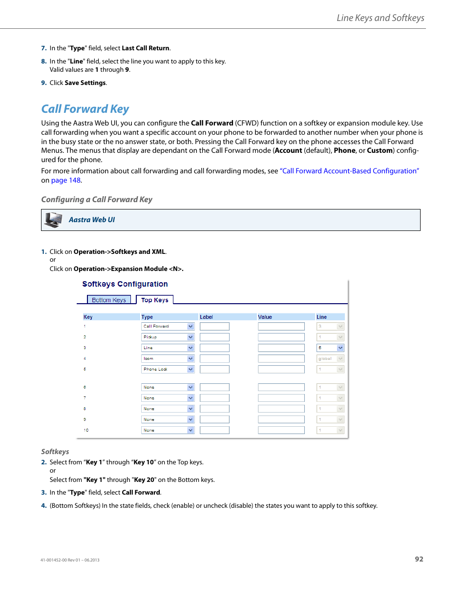 Call forward key, Configuring a call forward key, Line keys and softkeys | AASTRA 6737i User Guide EN User Manual | Page 99 / 214