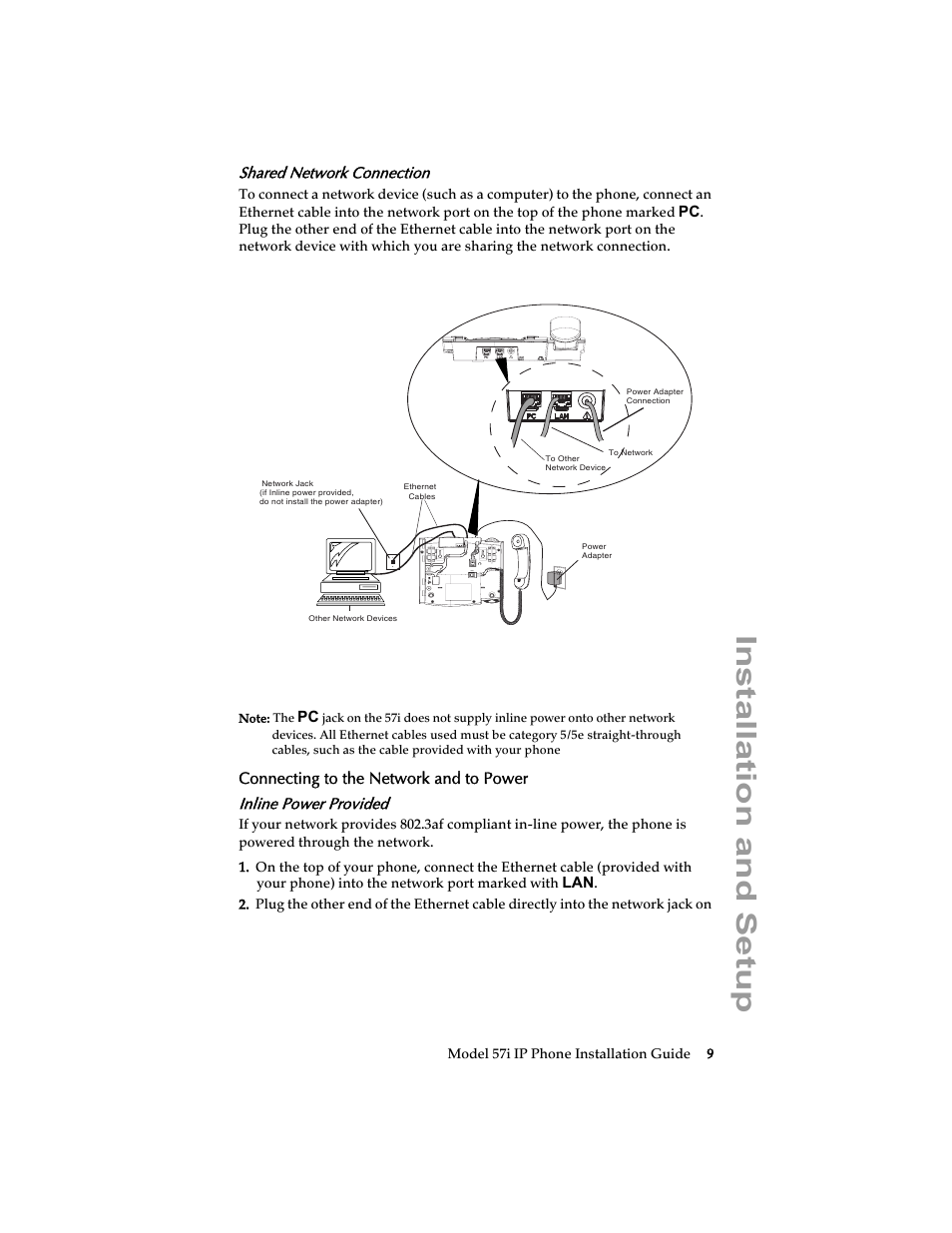 Shared network connection, Connecting to the network and to power, Inline power provided | Ction, Installation and setup | AASTRA 6757i Installation Guide EN User Manual | Page 15 / 40