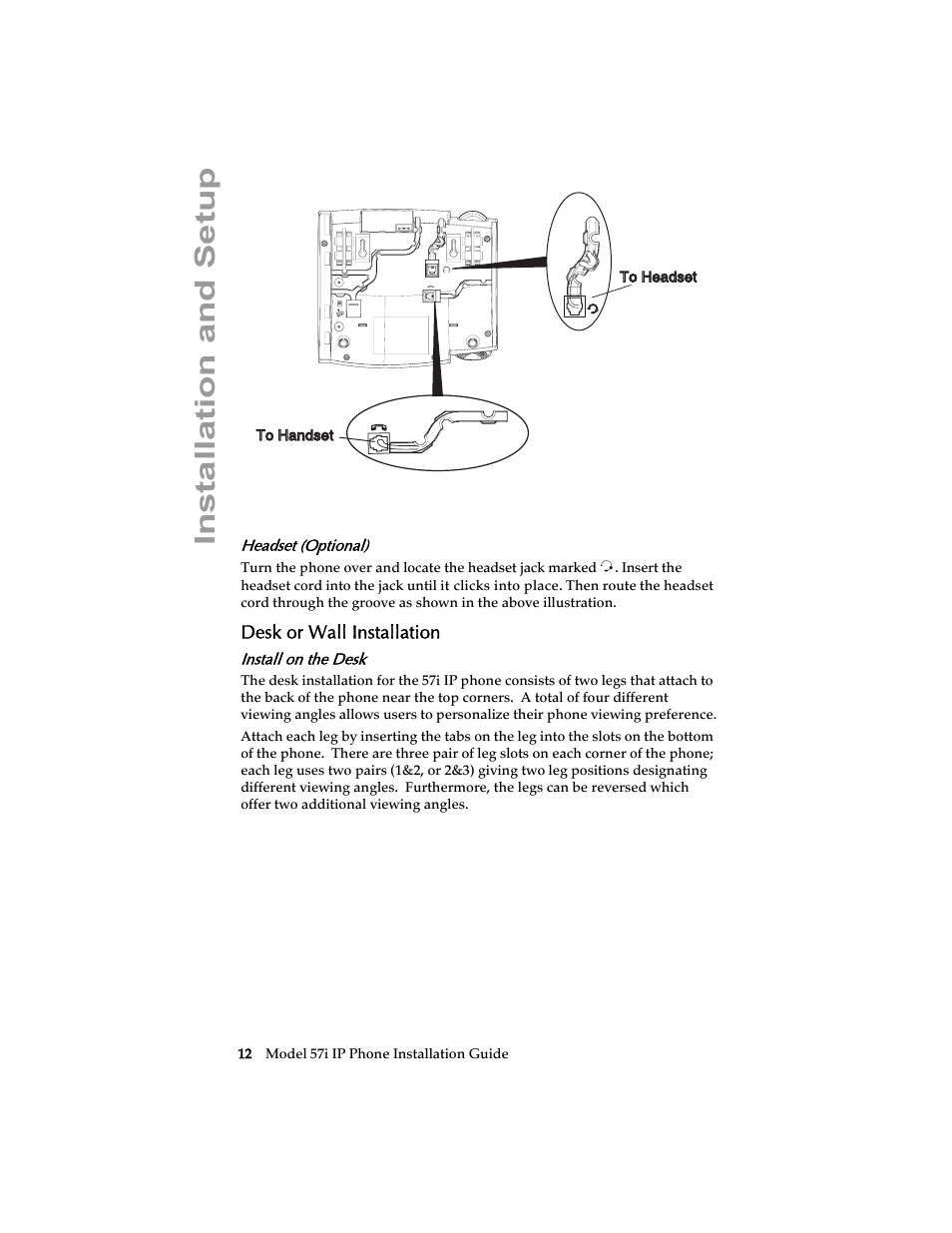 Headset (optional), Desk or wall installation, Install on the desk | Installation and setup | AASTRA 6757i Installation Guide EN User Manual | Page 18 / 40