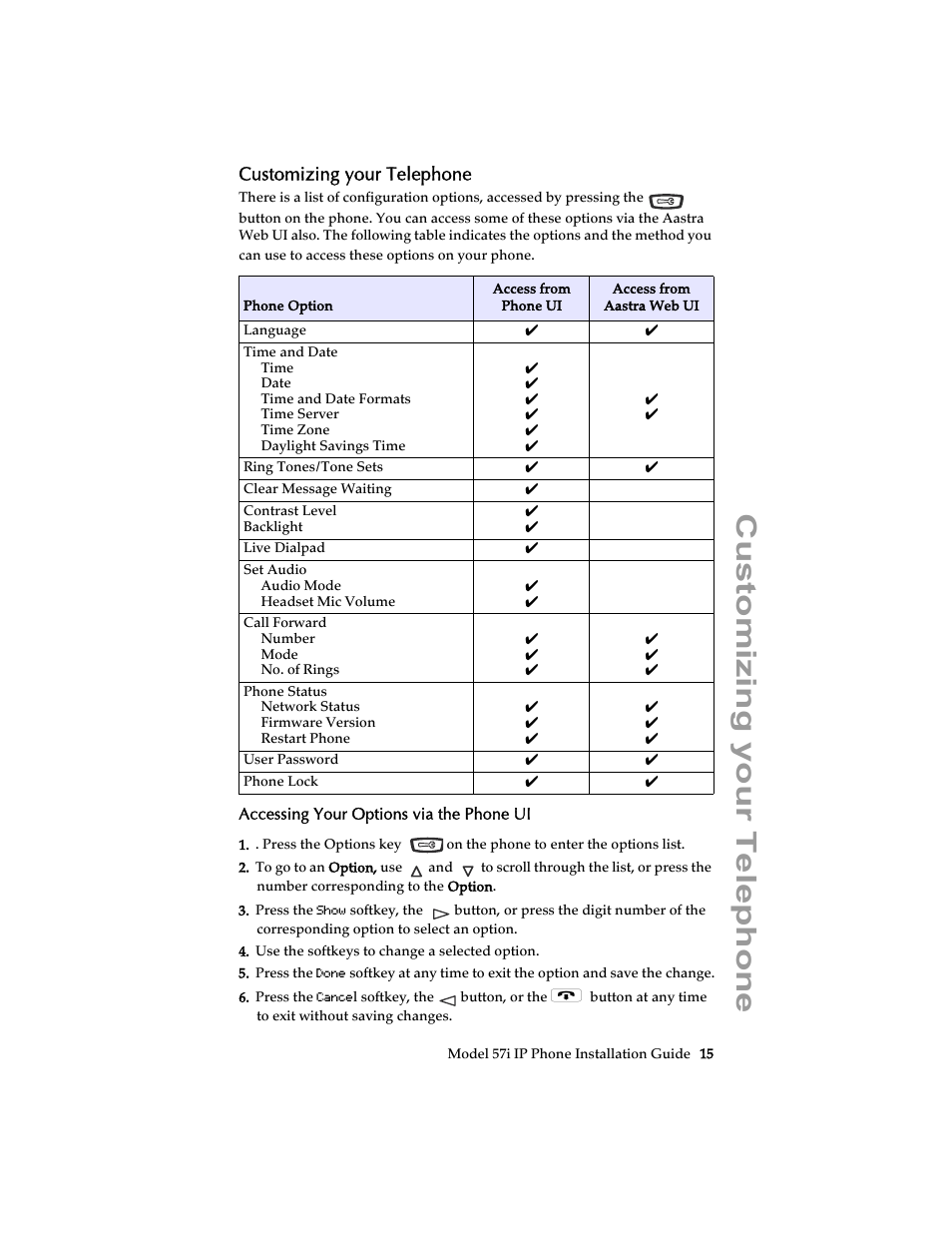 Customizing your telephone, Accessing your options via the phone ui | AASTRA 6757i Installation Guide EN User Manual | Page 21 / 40