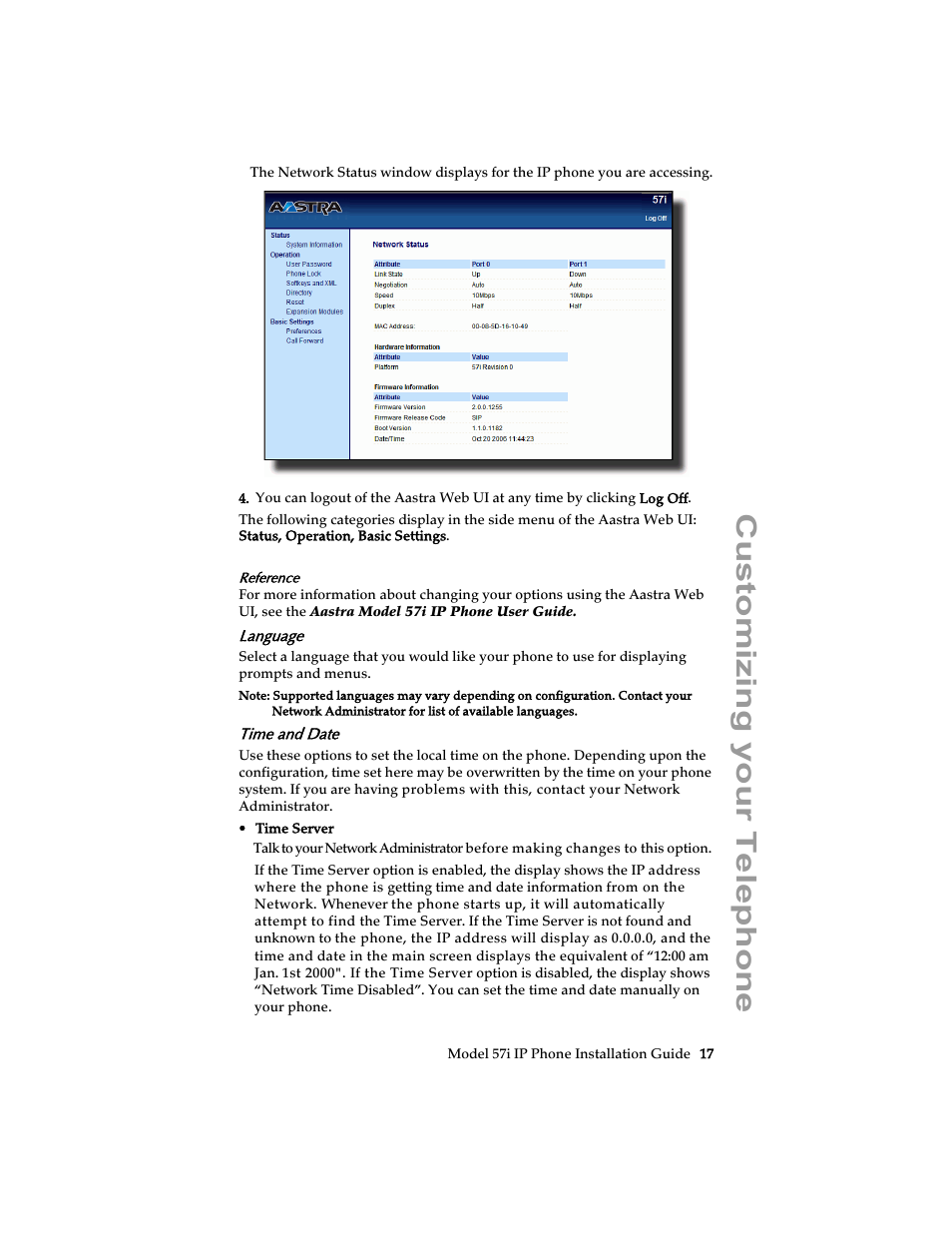 Language, Time and date, Customizing your telephone | AASTRA 6757i Installation Guide EN User Manual | Page 23 / 40