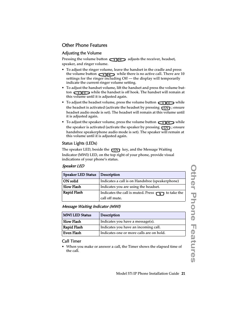Other phone features, Adjusting the volume, Status lights (leds) | Speaker led, Message waiting indicator (mwi), Call timer | AASTRA 6757i Installation Guide EN User Manual | Page 27 / 40