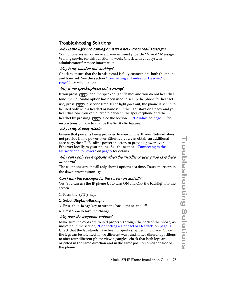 Troubleshooting solutions, Why is my handset not working, Why is my speakerphone not working | Why is my display blank, Can i turn the backlight for the screen on and off, Why does the telephone wobble | AASTRA 6757i Installation Guide EN User Manual | Page 33 / 40