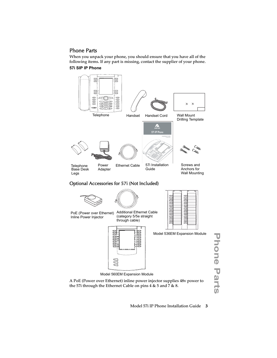 Phone parts, Optional accessories for 57i (not included) | AASTRA 6757i Installation Guide EN User Manual | Page 9 / 40