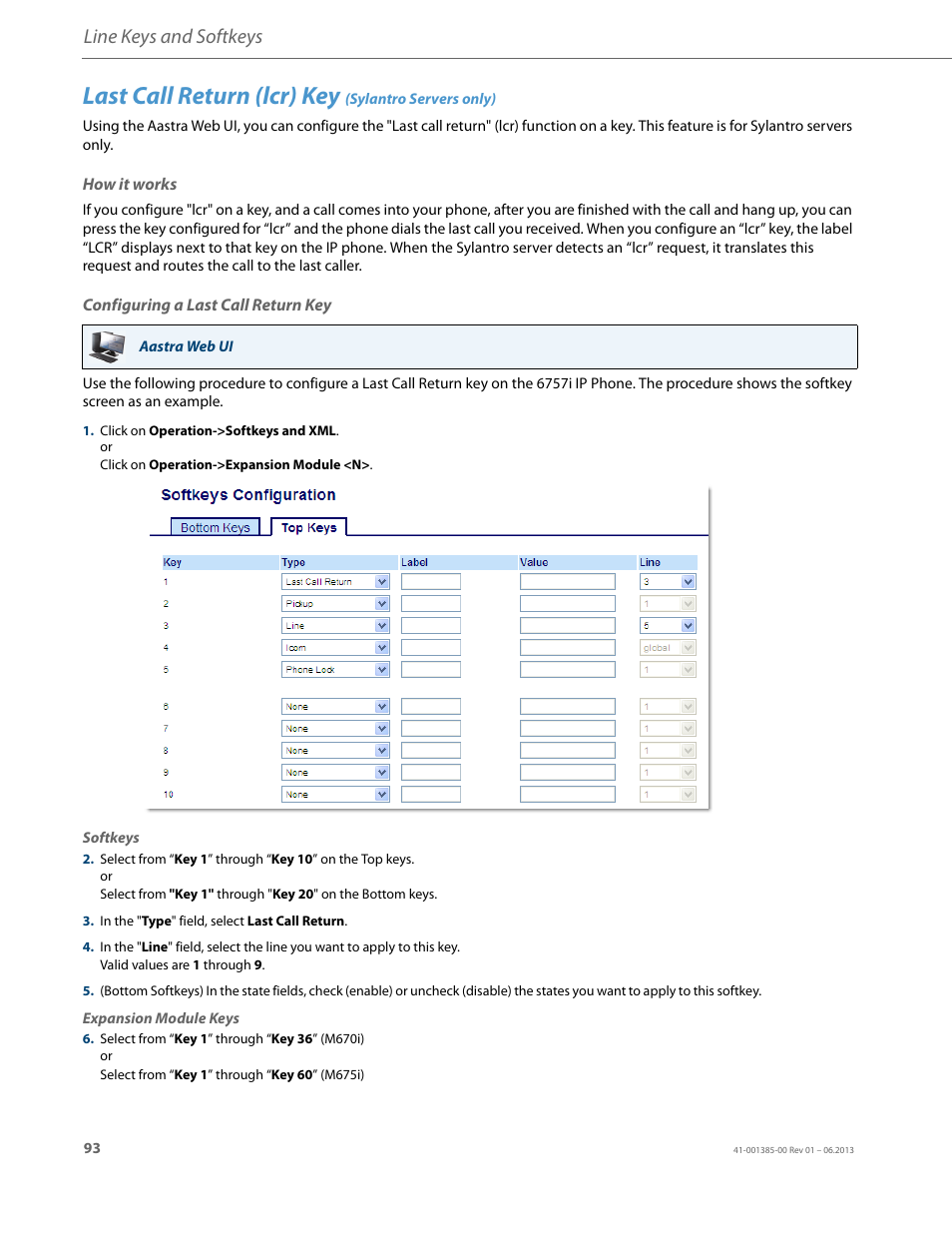 Last call return (lcr) key (sylantro servers only), How it works, Configuring a last call return key | Last call return (lcr) key, Line keys and softkeys | AASTRA 6757i User Guide EN User Manual | Page 100 / 216
