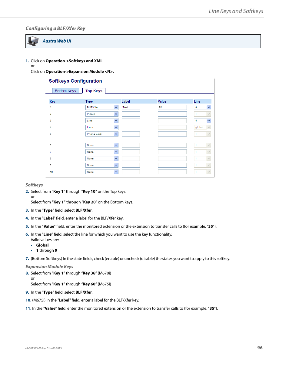Configuring a blf/xfer key, Line keys and softkeys | AASTRA 6757i User Guide EN User Manual | Page 103 / 216