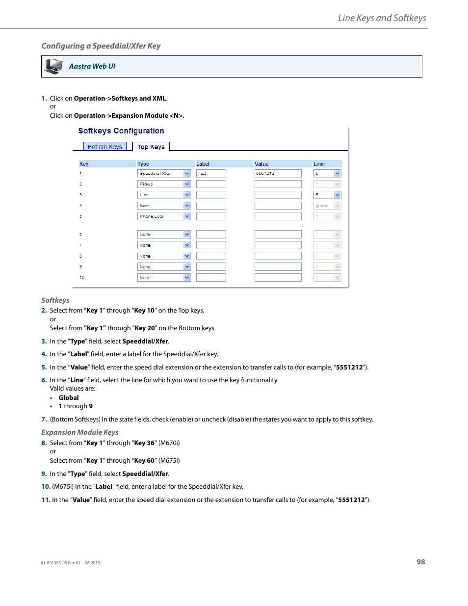 Configuring a speeddial/xfer key, Line keys and softkeys | AASTRA 6757i User Guide EN User Manual | Page 105 / 216