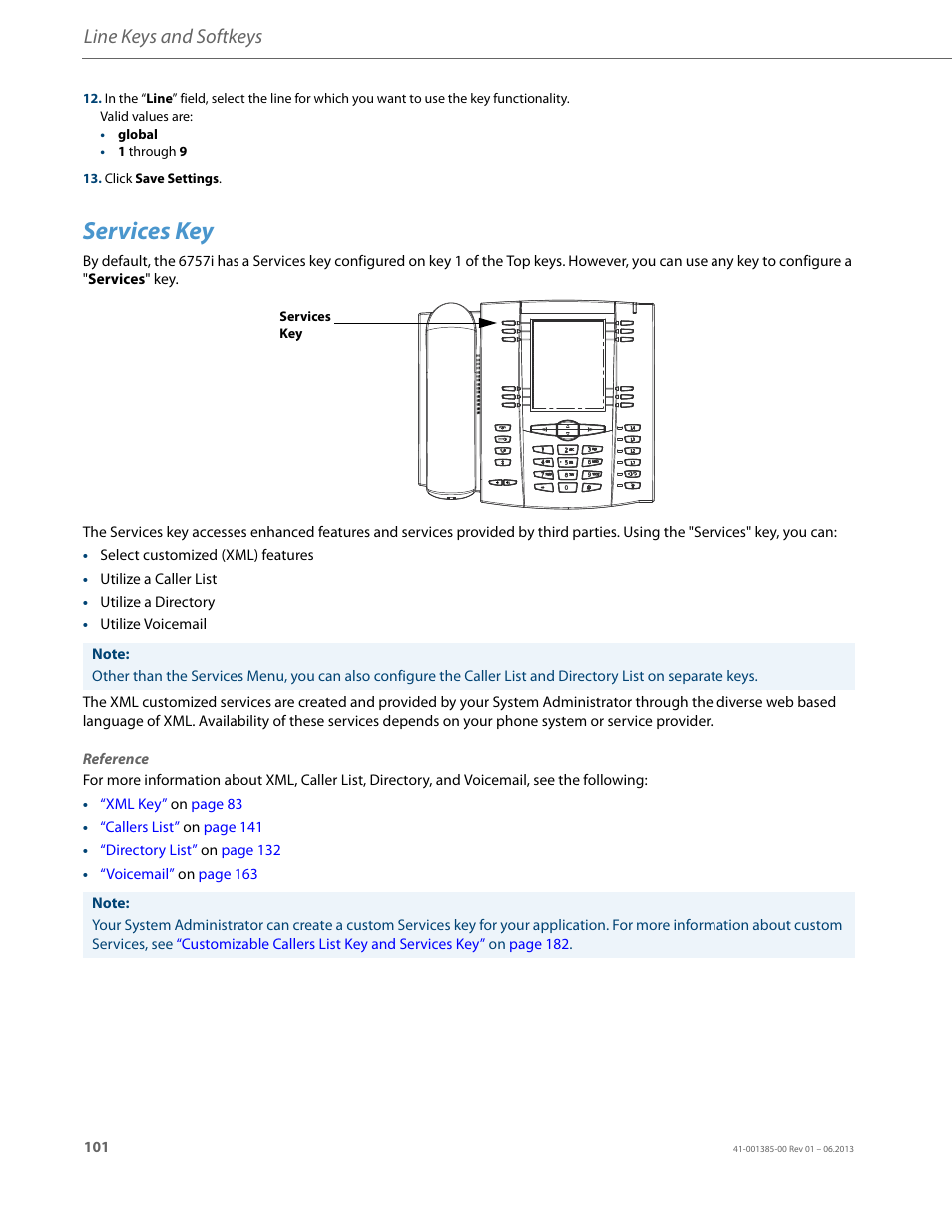 Services key, Line keys and softkeys | AASTRA 6757i User Guide EN User Manual | Page 108 / 216