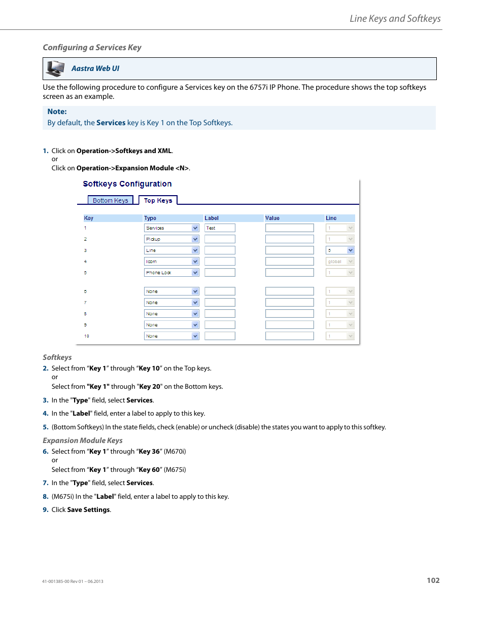 Configuring a services key, Line keys and softkeys | AASTRA 6757i User Guide EN User Manual | Page 109 / 216