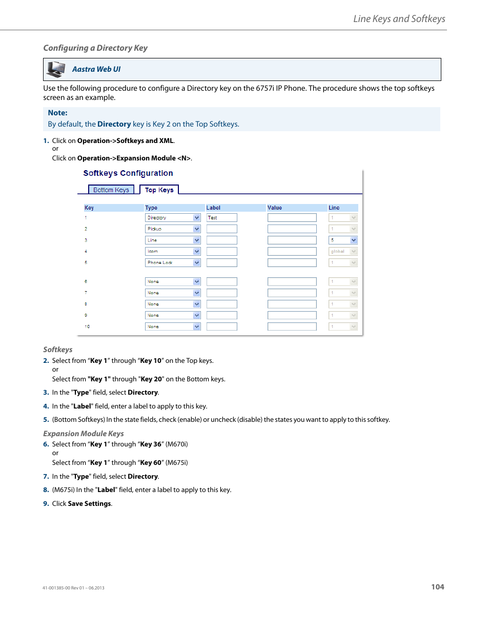 Configuring a directory key, Line keys and softkeys | AASTRA 6757i User Guide EN User Manual | Page 111 / 216