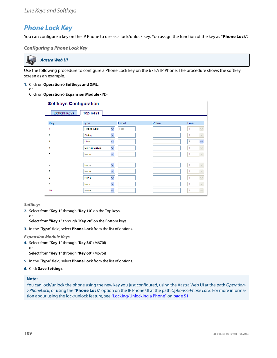 Phone lock key, Configuring a phone lock key, Line keys and softkeys | AASTRA 6757i User Guide EN User Manual | Page 116 / 216