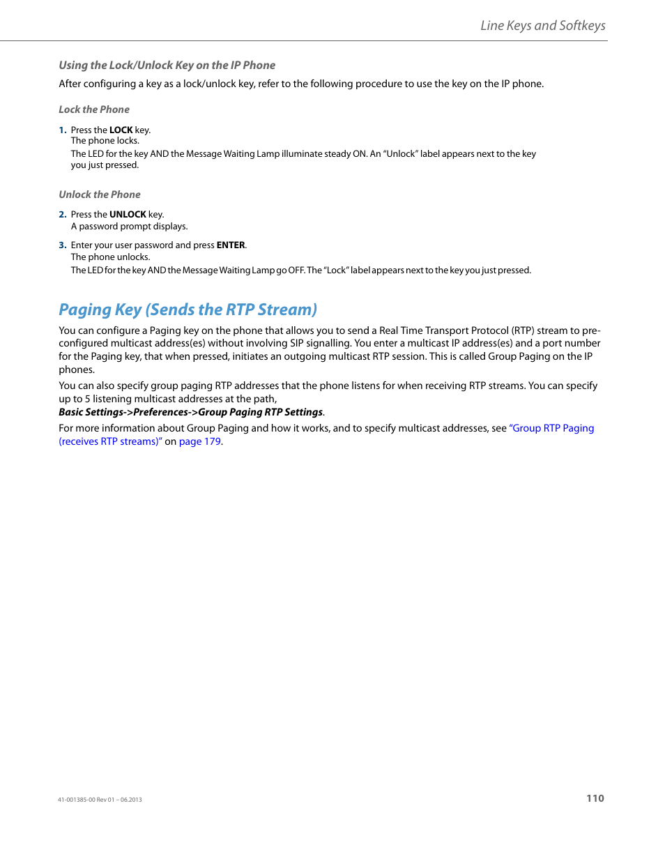 Using the lock/unlock key on the ip phone, Paging key (sends the rtp stream), Line keys and softkeys | AASTRA 6757i User Guide EN User Manual | Page 117 / 216