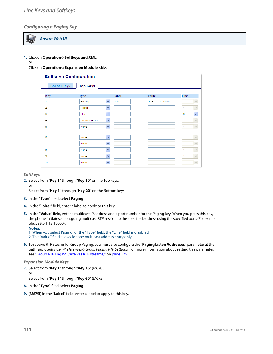 Configuring a paging key, Line keys and softkeys | AASTRA 6757i User Guide EN User Manual | Page 118 / 216