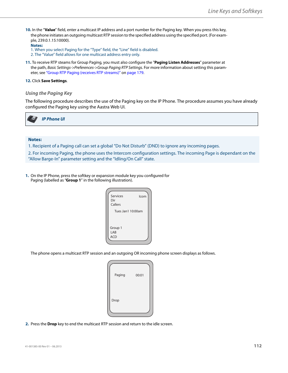 Using the paging key, Line keys and softkeys | AASTRA 6757i User Guide EN User Manual | Page 119 / 216