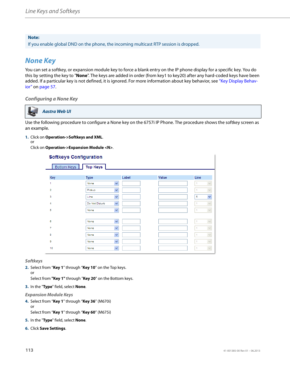 None key, Configuring a none key, Line keys and softkeys | AASTRA 6757i User Guide EN User Manual | Page 120 / 216