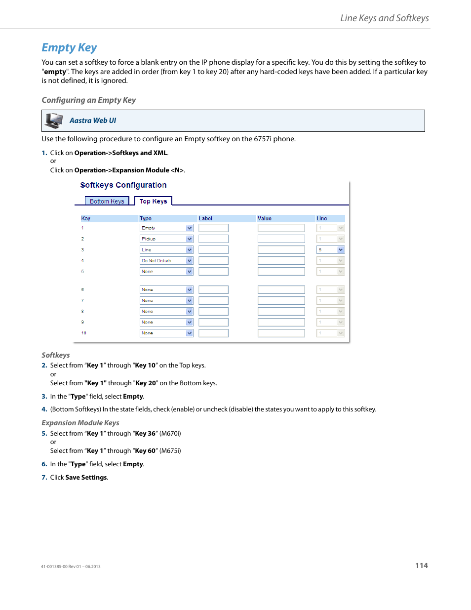 Empty key, Configuring an empty key, Line keys and softkeys | AASTRA 6757i User Guide EN User Manual | Page 121 / 216