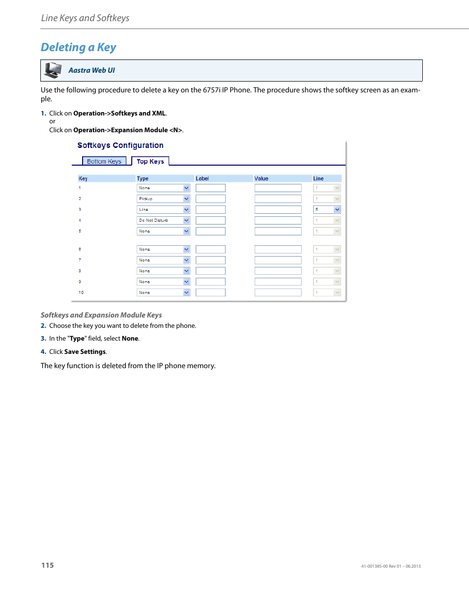 Deleting a key, Line keys and softkeys | AASTRA 6757i User Guide EN User Manual | Page 122 / 216