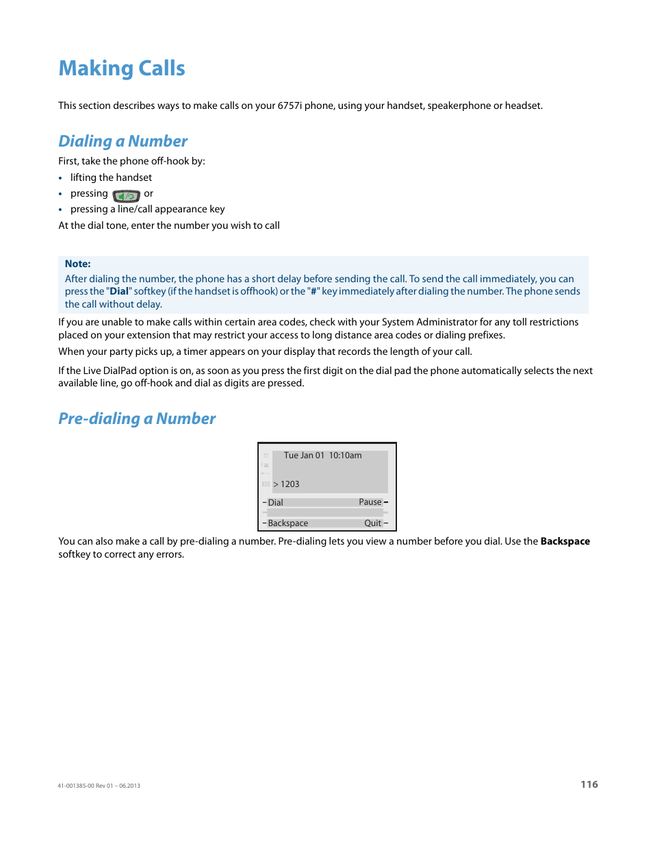 Making calls, Dialing a number, Pre-dialing a number | AASTRA 6757i User Guide EN User Manual | Page 123 / 216