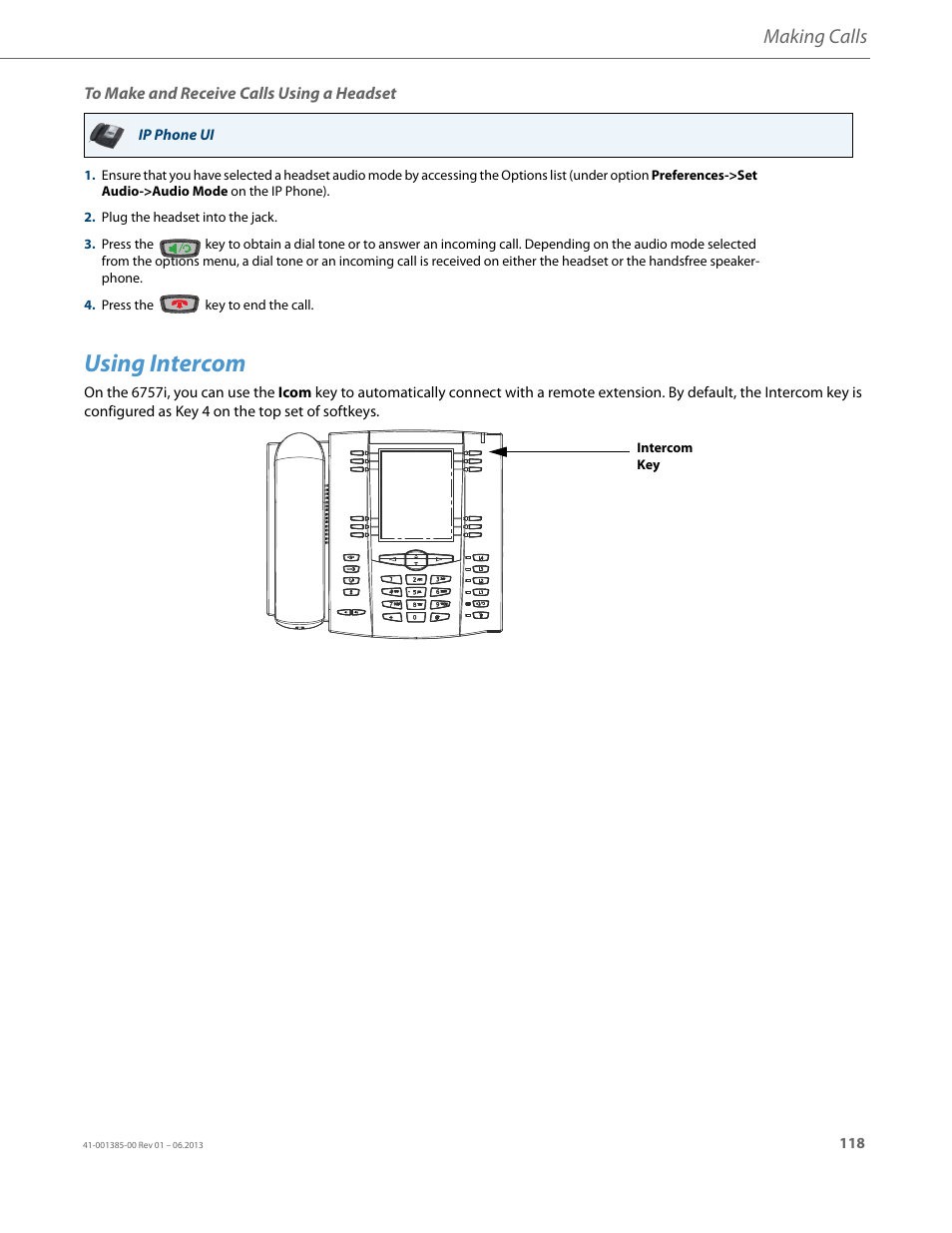 To make and receive calls using a headset, Using intercom, Making calls | AASTRA 6757i User Guide EN User Manual | Page 125 / 216