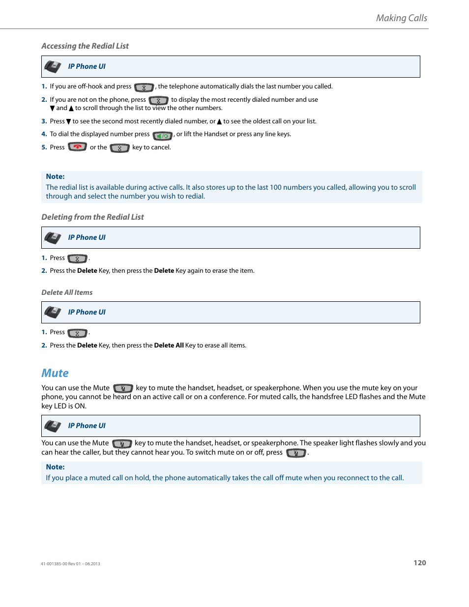 Accessing the redial list, Deleting from the redial list, Mute | Making calls | AASTRA 6757i User Guide EN User Manual | Page 127 / 216