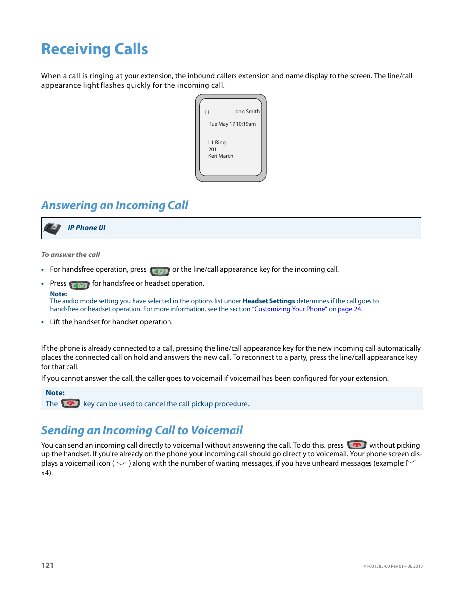Receiving calls, Answering an incoming call, Sending an incoming call to voicemail | AASTRA 6757i User Guide EN User Manual | Page 128 / 216