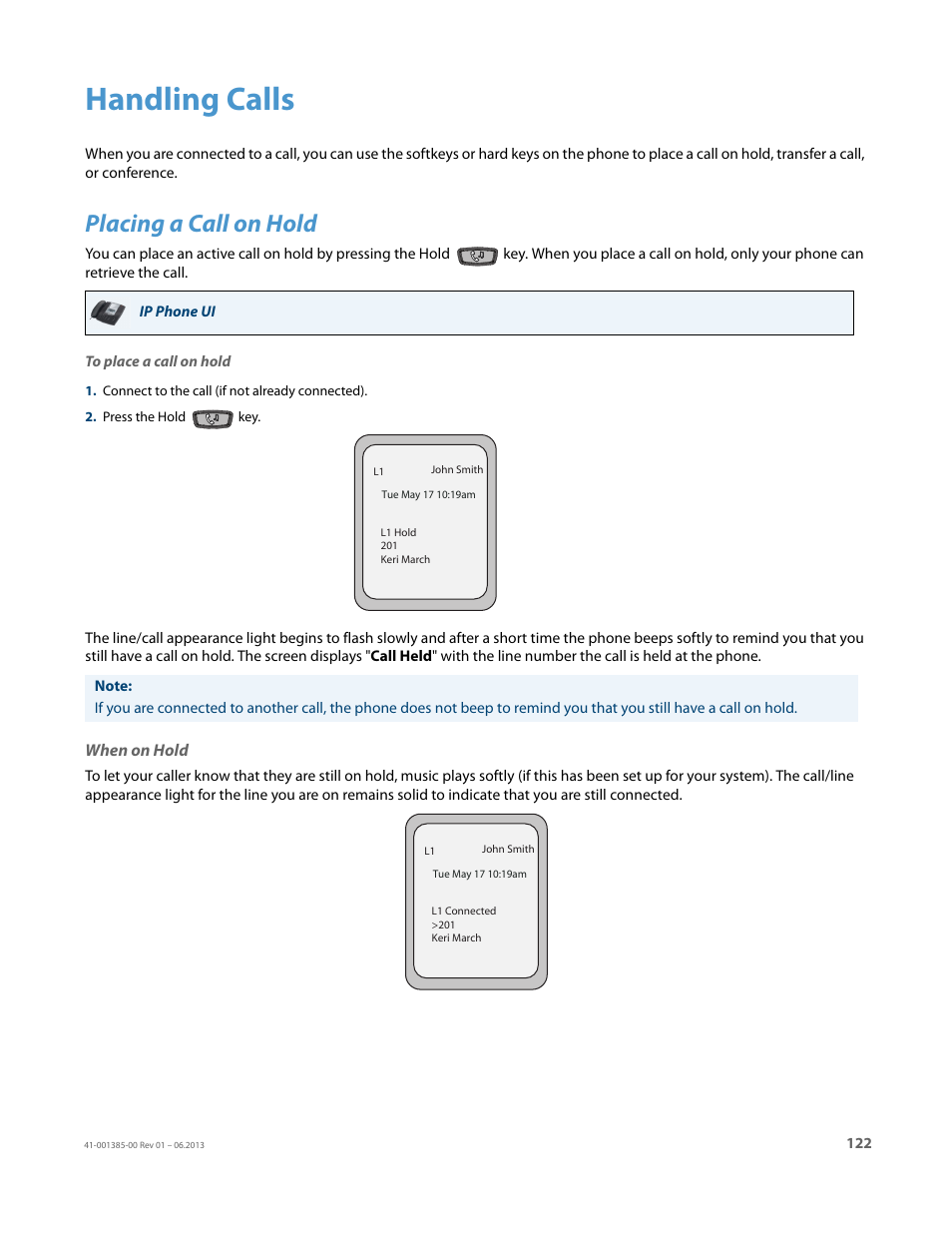 Handling calls, Placing a call on hold, When on hold | AASTRA 6757i User Guide EN User Manual | Page 129 / 216