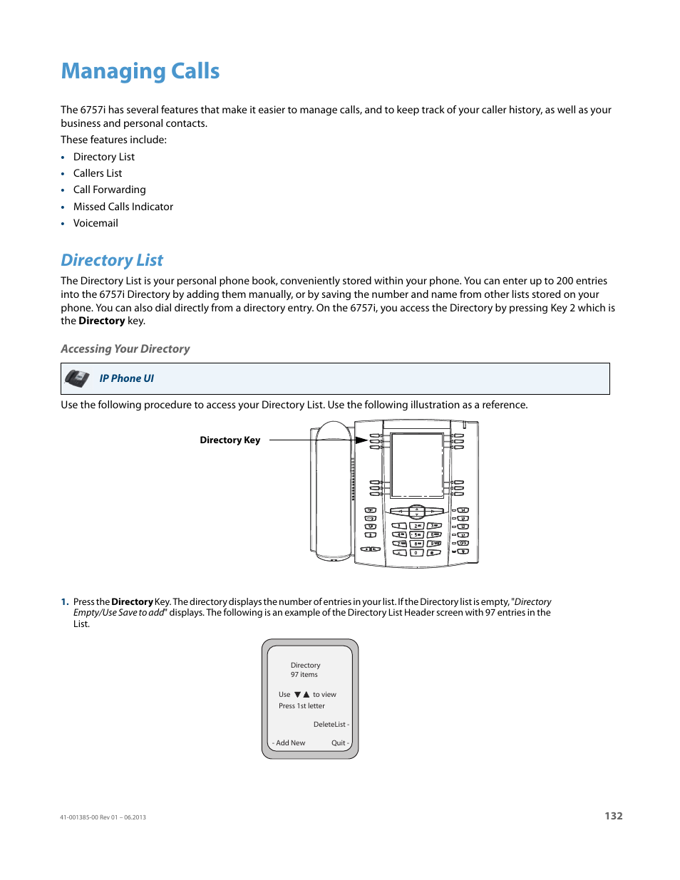 Managing calls, Directory list, Accessing your directory | AASTRA 6757i User Guide EN User Manual | Page 139 / 216