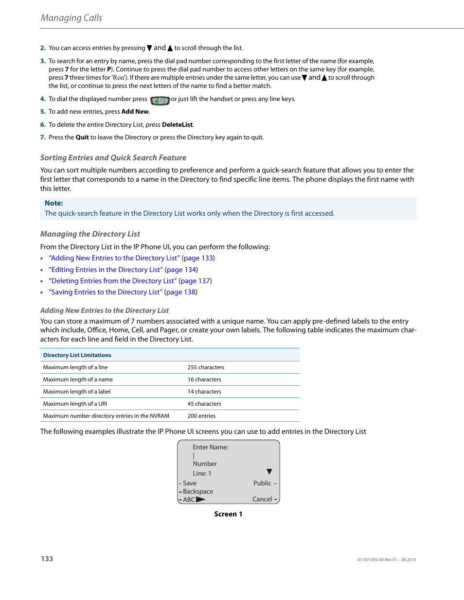 Sorting entries and quick search feature, Managing the directory list, Managing calls | AASTRA 6757i User Guide EN User Manual | Page 140 / 216
