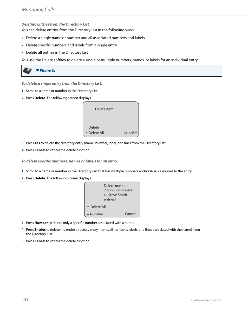 Deleting entries from the directory list, Managing calls | AASTRA 6757i User Guide EN User Manual | Page 144 / 216